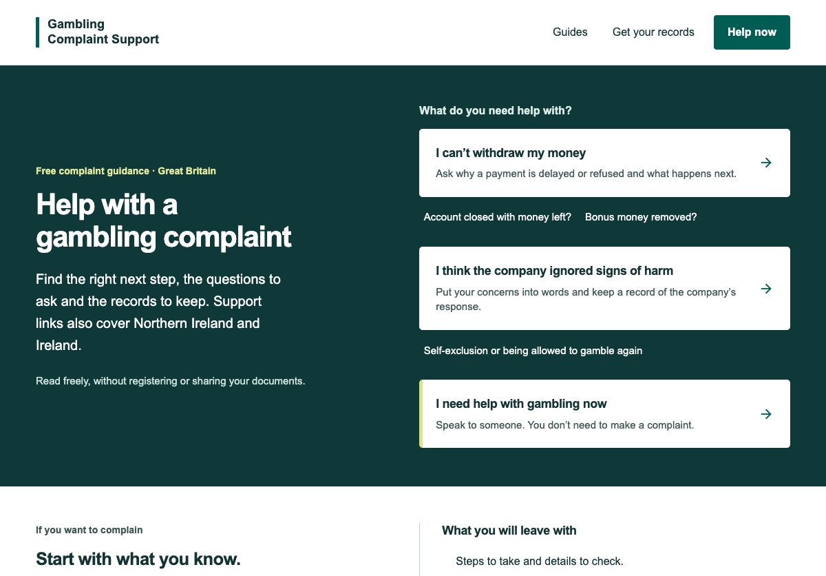 Gambling Complaint Support homepage with guides and support links