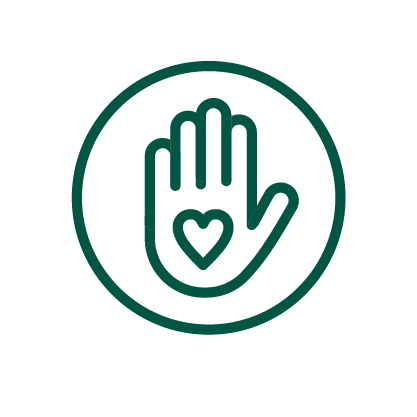 Icon with a circular outline. Inside is a simplified held with the plam shoing. On the palm is a love heart