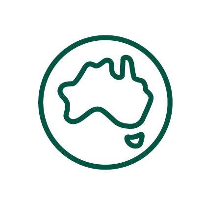Icon with a circular outline. Inside is a simplified map of the country of Australia
