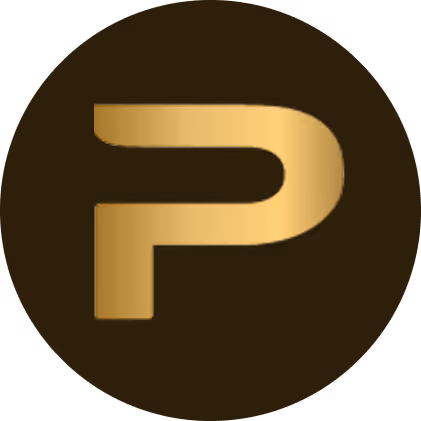 Gold stylized letter P on a dark circular background.