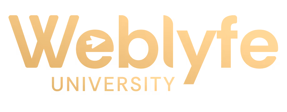 Weblyfe University logo in gold lettering on a transparent background.
