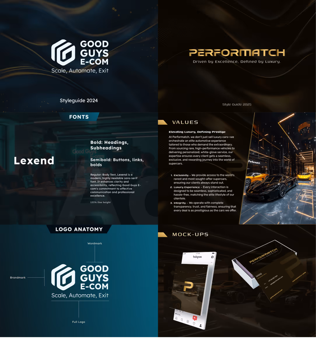 Side-by-side style guides for Good Guys E-Com and Performatch showing fonts, logo anatomy, brand values, and mock-ups with luxury car imagery.