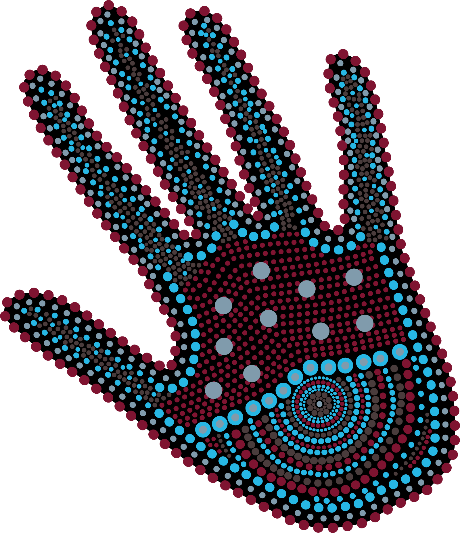 Stylized hand composed of concentric and linear dot patterns in maroon, blue, and gray on black background.