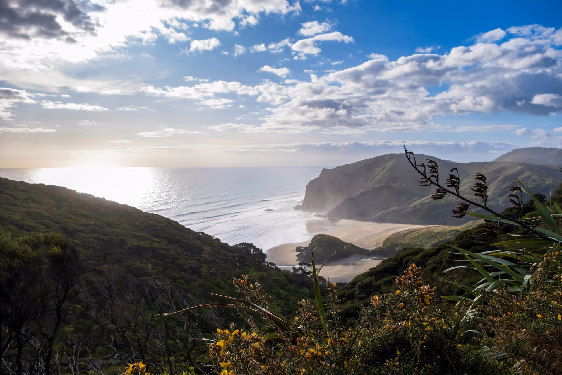 Coastal landscape with lush green hills, sandy beach, and the sun shining through partly cloudy sky over the ocean.