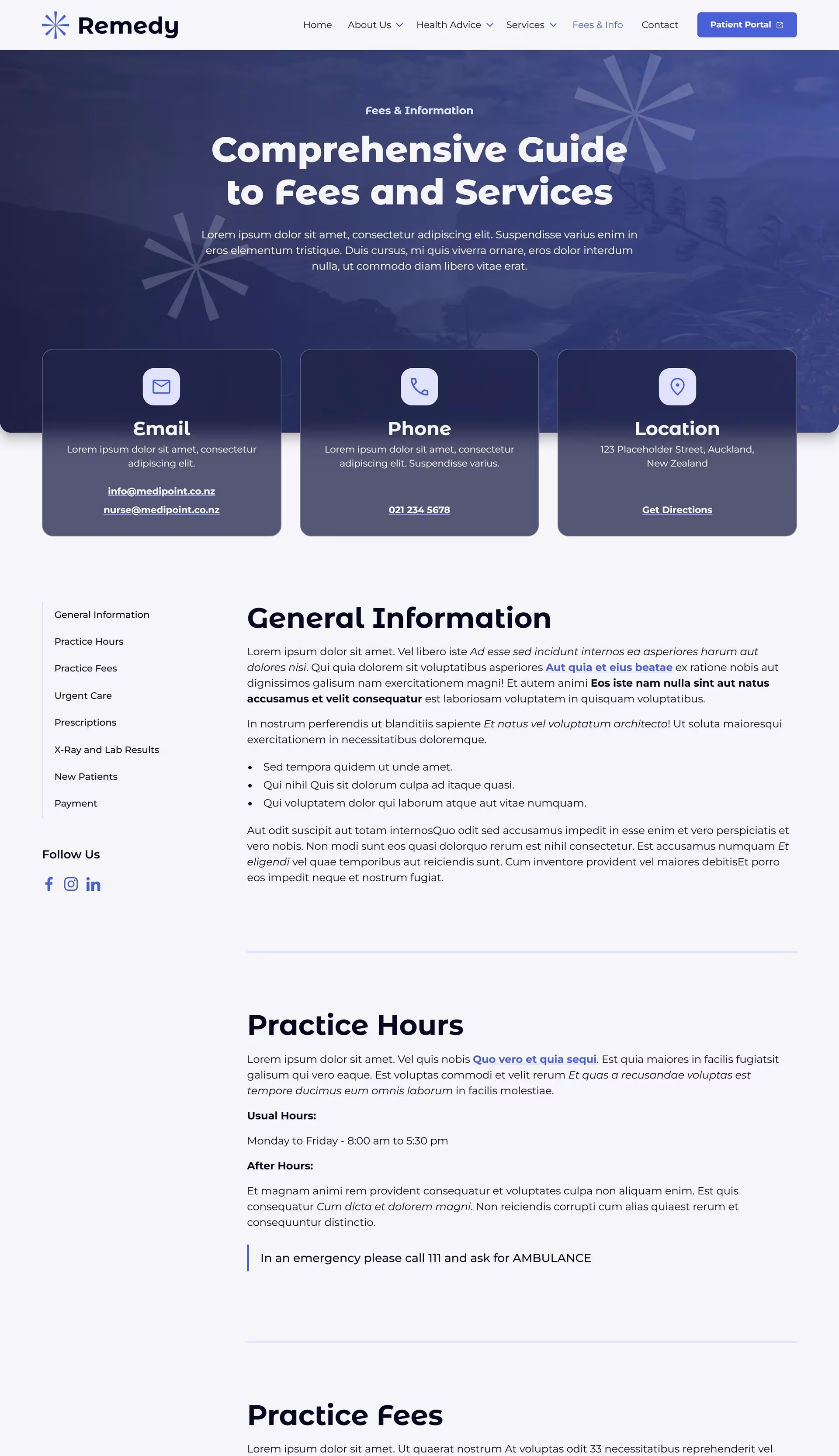 Mockup of the fees and info page