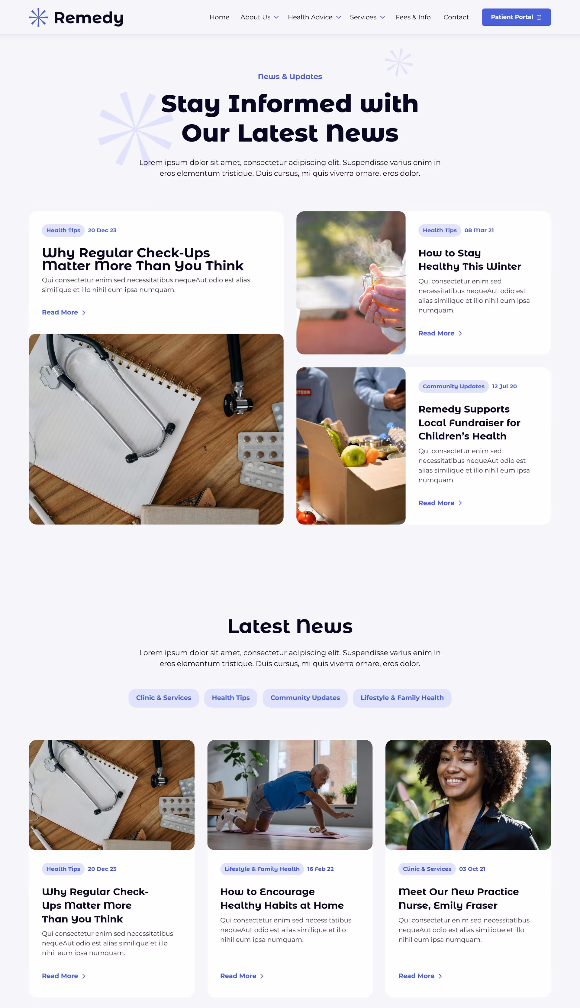 Mockup of the news landing page