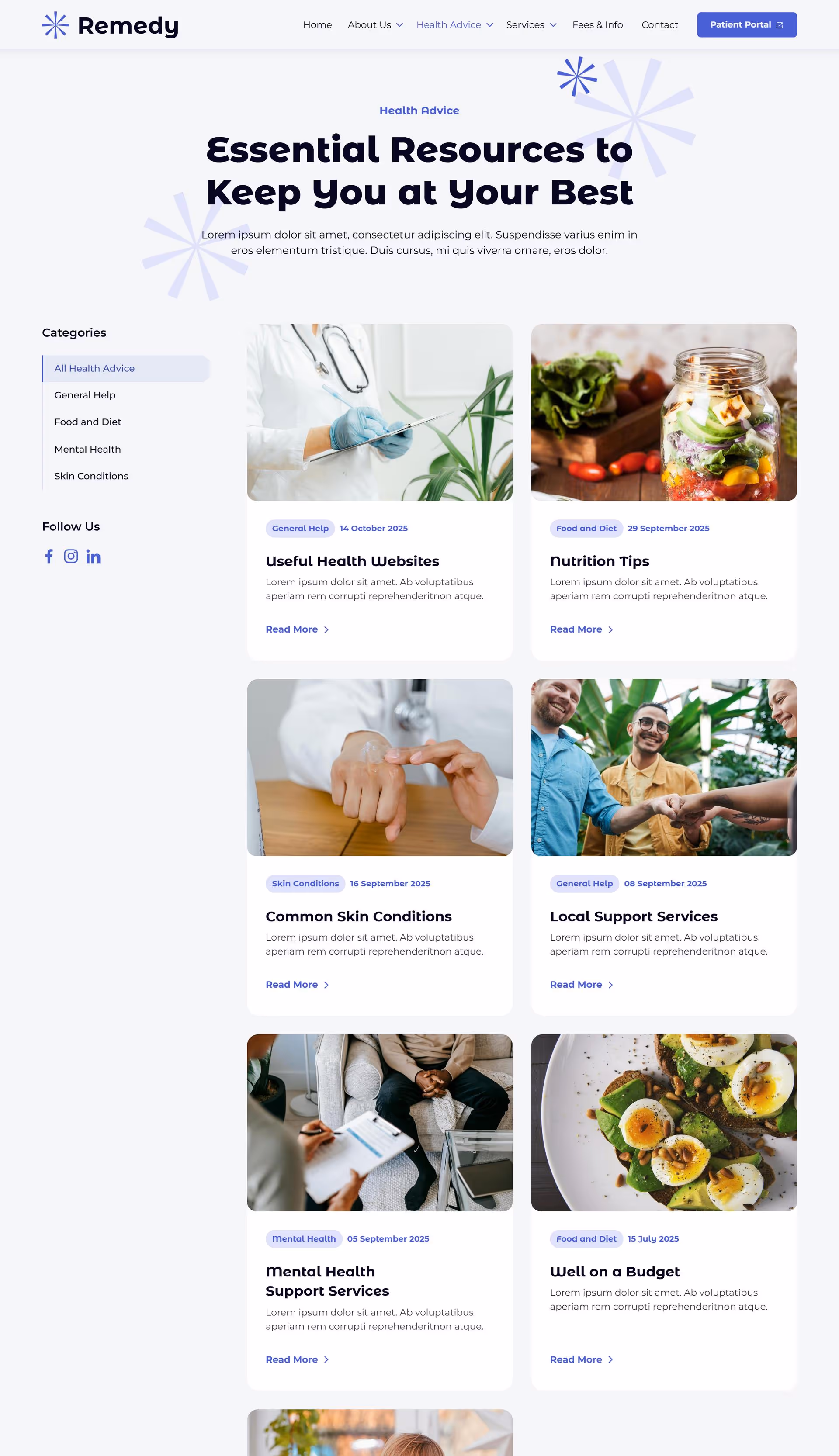 Mockup of health advice landing page