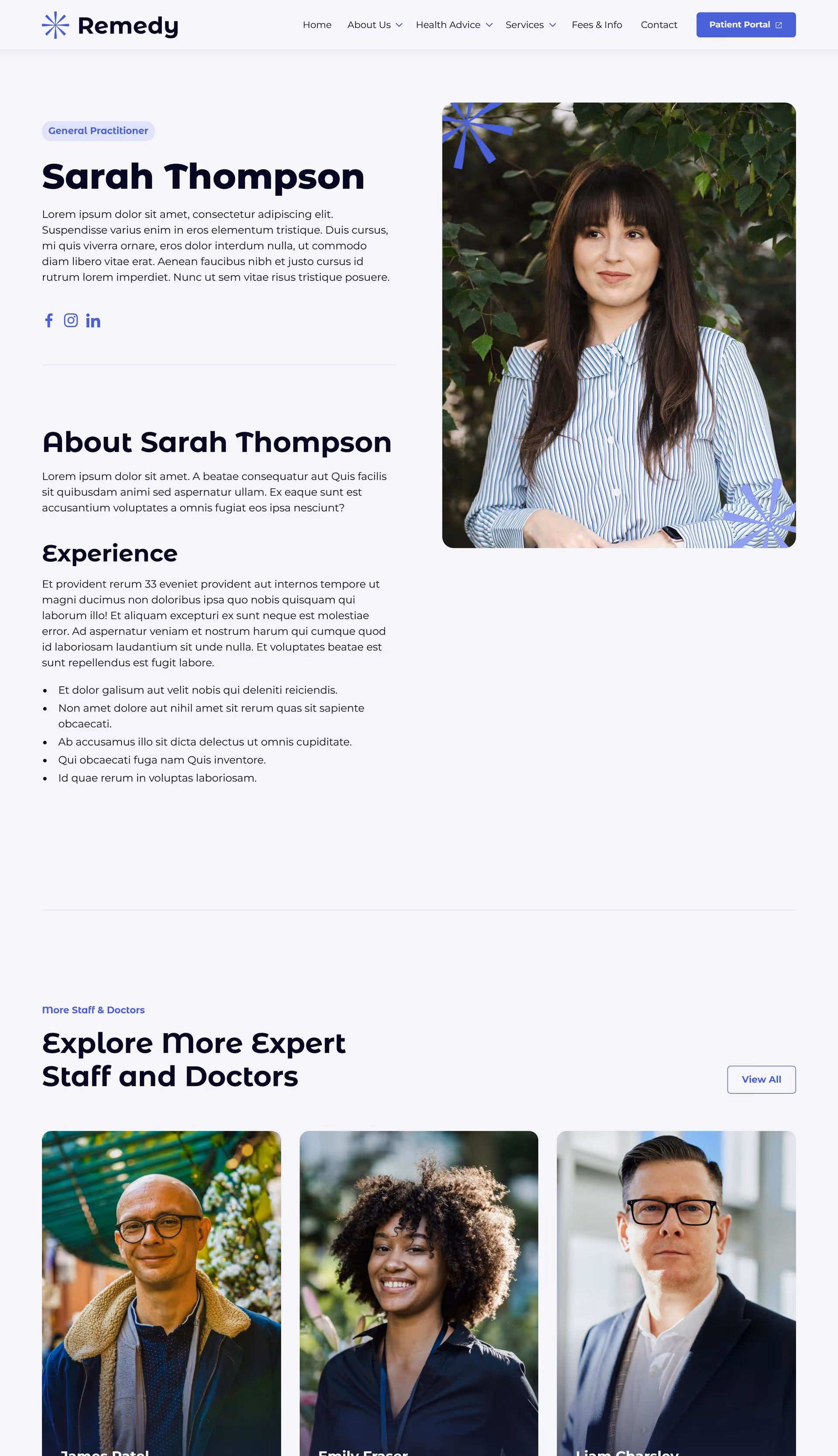 Mockup of staff and doctors template page