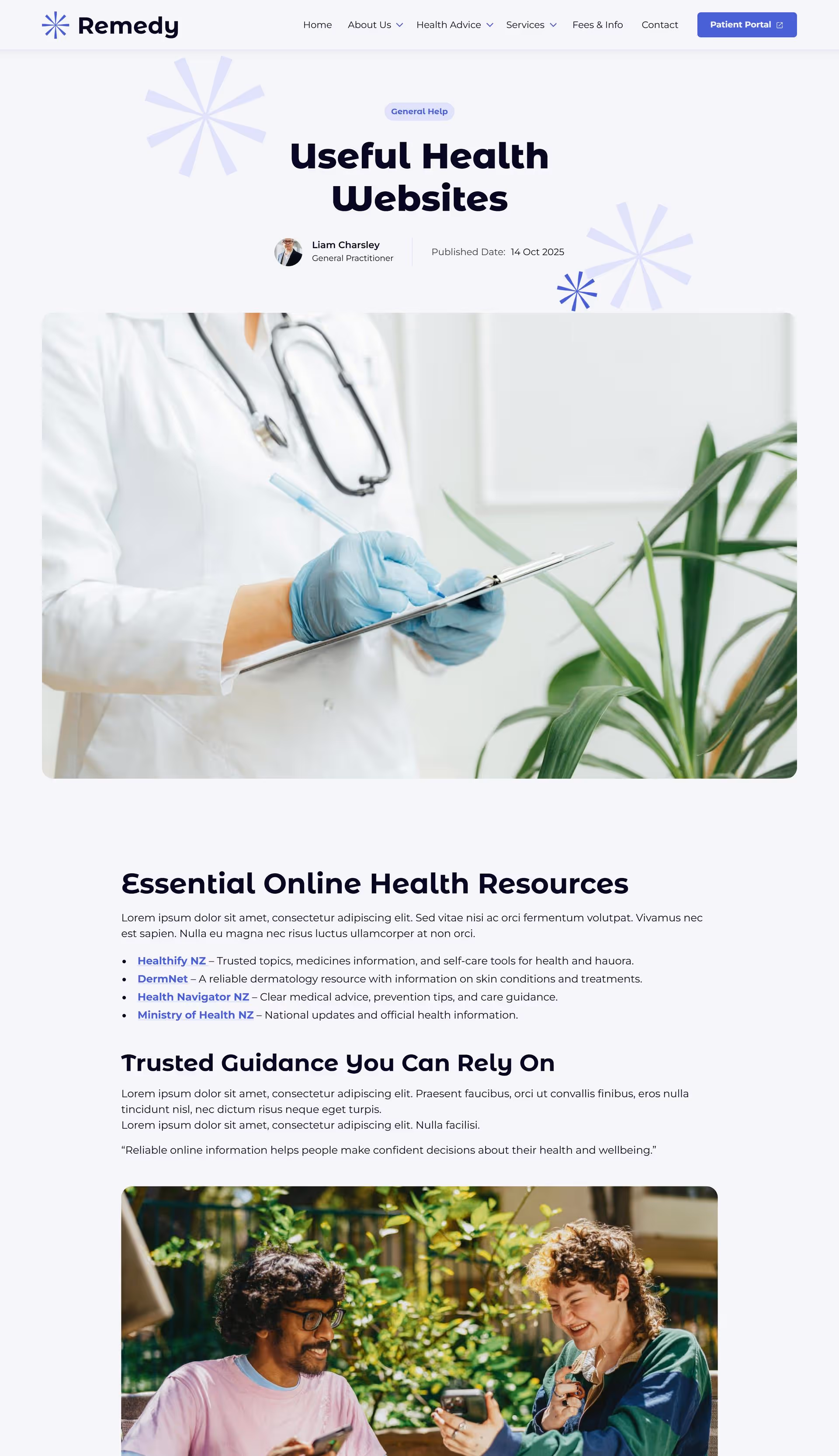 Mockup of health advice template page