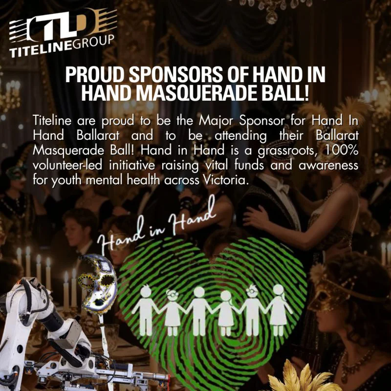 A graphic of Titeline Group sponsoring Hand in Hand Masquerade Ball, supporting youth mental health in Victoria.