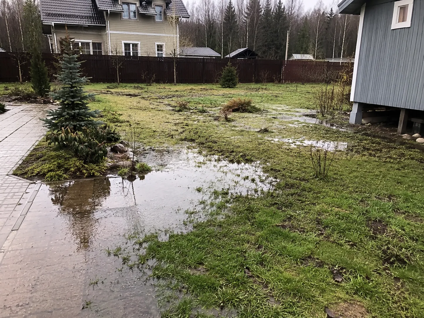 Вода на участке после дождя