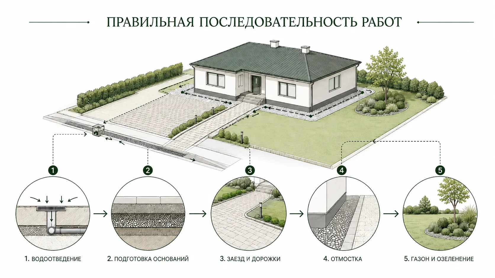 Связь дренажа, дорожек, газона и отмостки