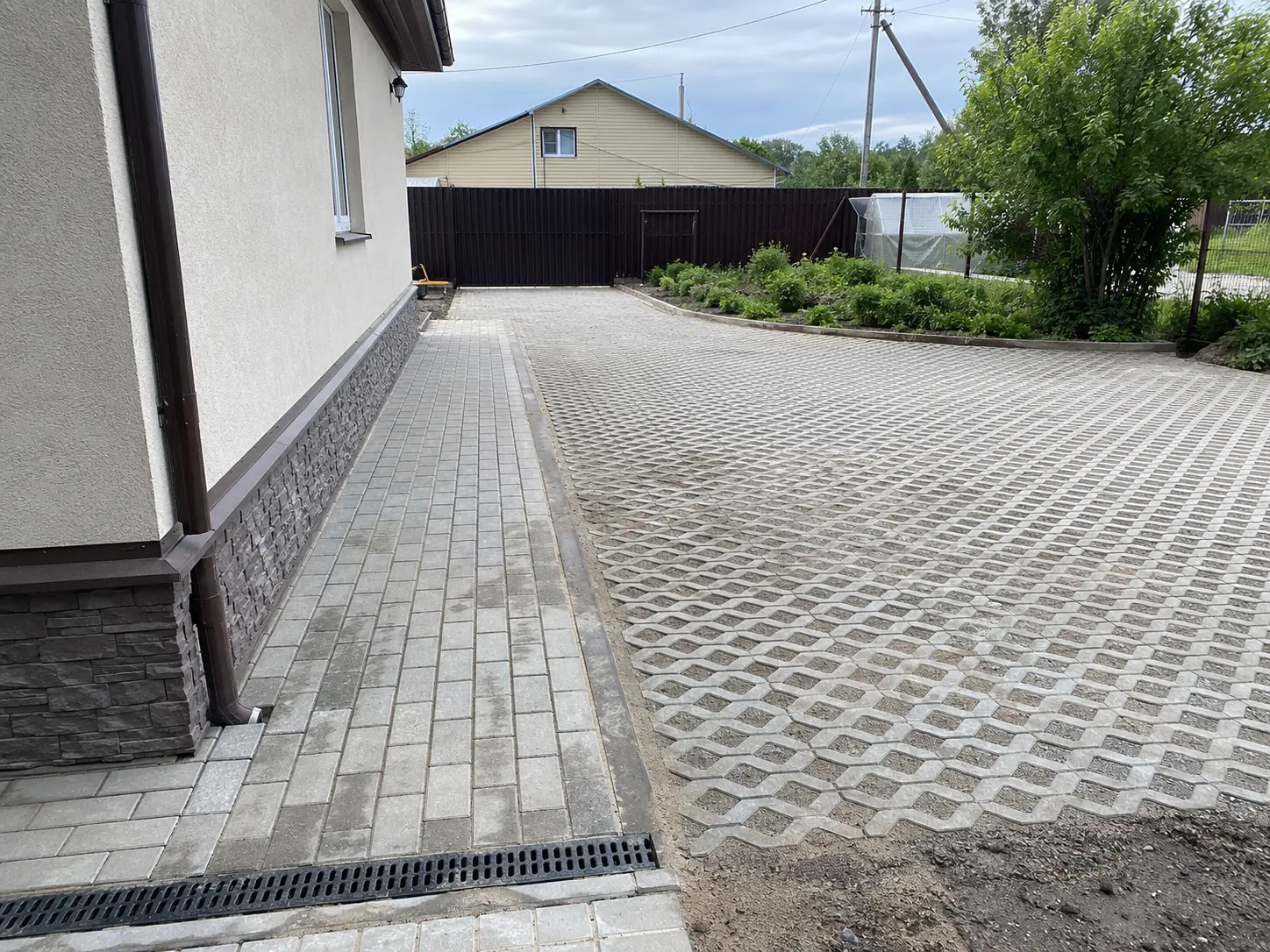 Дорожки и парковочная зона рядом с отмосткой