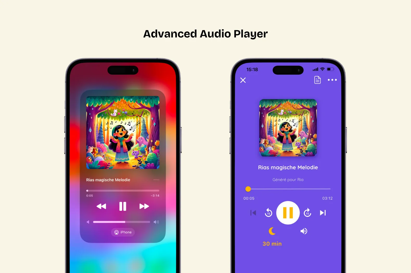 Two smartphones with audio player on them.