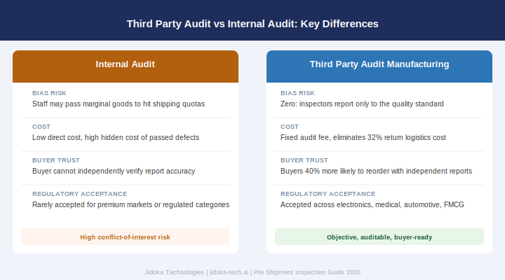 Figure 3: Third Party Audit Manufacturing vs Internal Audit: bias risk, cost, and buyer trust