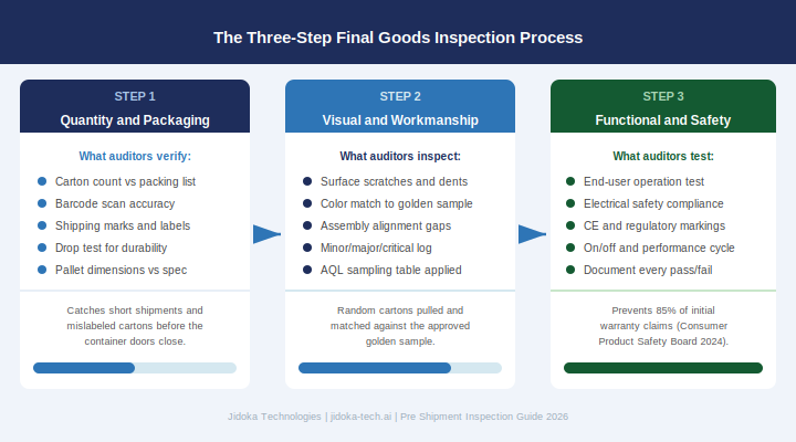 Figure 2: The Three-Step Pre Shipment Inspection Process: quantity, visual, and functional