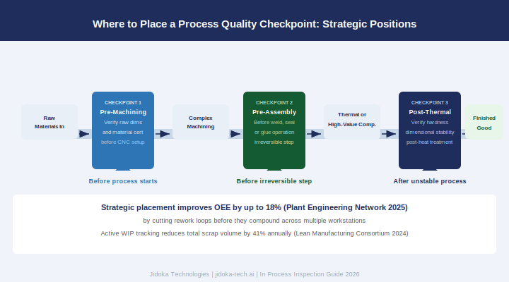 Figure 2: Strategic Process Quality Checkpoint Placement: three gate positions on the assembly line