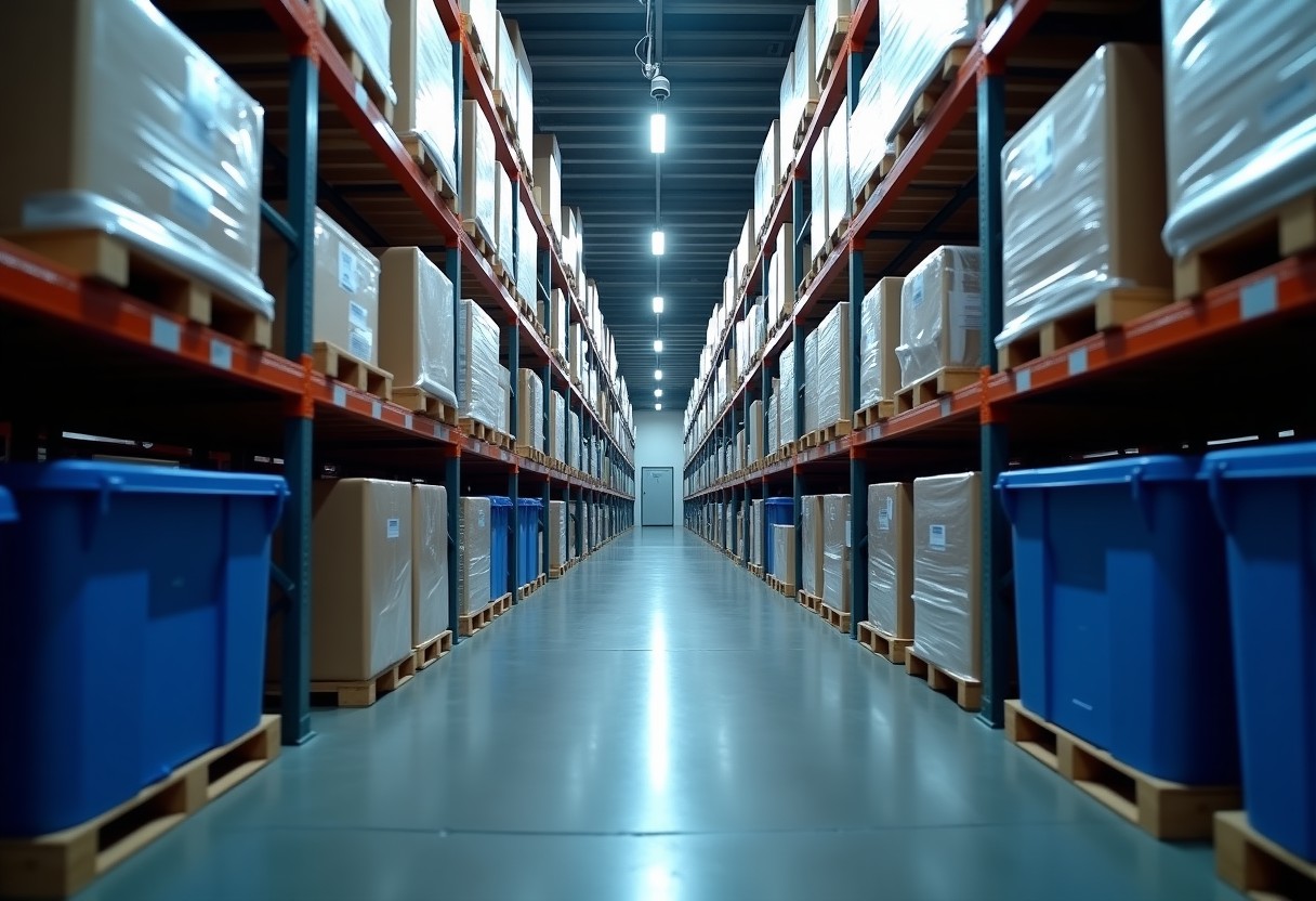 Warehouse aisle lined with pallet racking, shrink-wrapped cartons and blue stock bins, with a ceiling-mounted dome camera overlooking the stock.