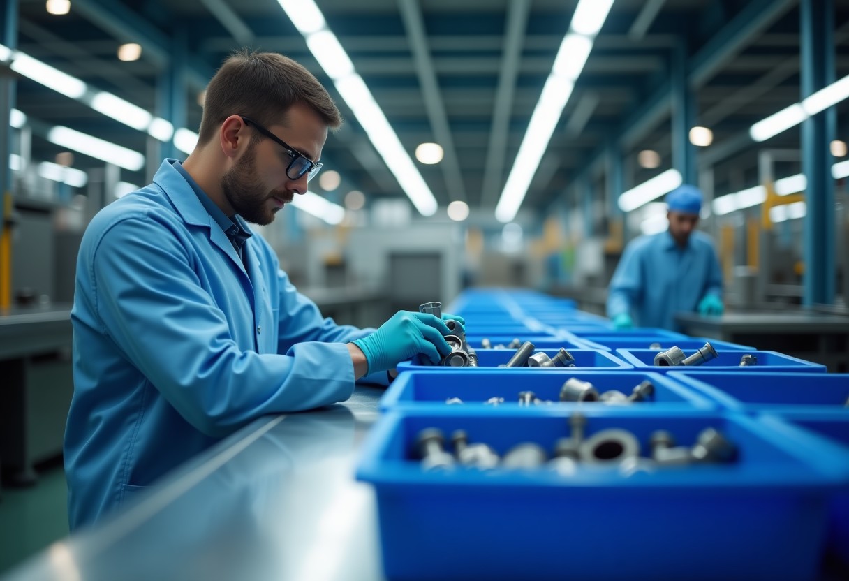 Quality inspector examining a machined metal component beside blue bins of rejected parts on a manufacturing line