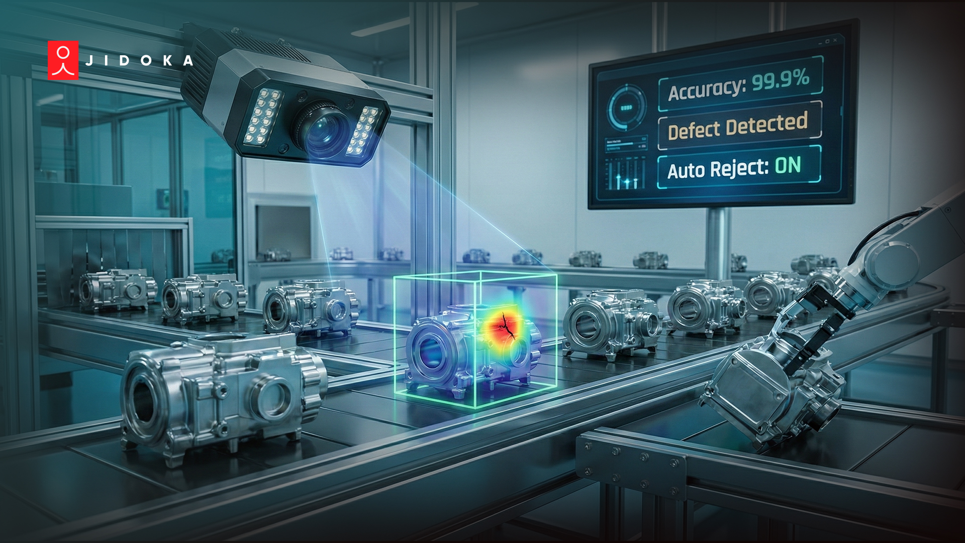 AI defect detection system inspecting parts on a production line