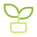 Green line icon of a potted plant with two leaves.