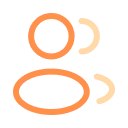 Abstract icon of two stylized human figures in orange and beige.