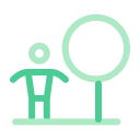 Simplified icon of a person standing next to a tree on a flat surface.