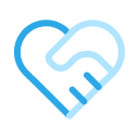 Blue heart shape intertwined with a stylized hand symbolizing trust and care.