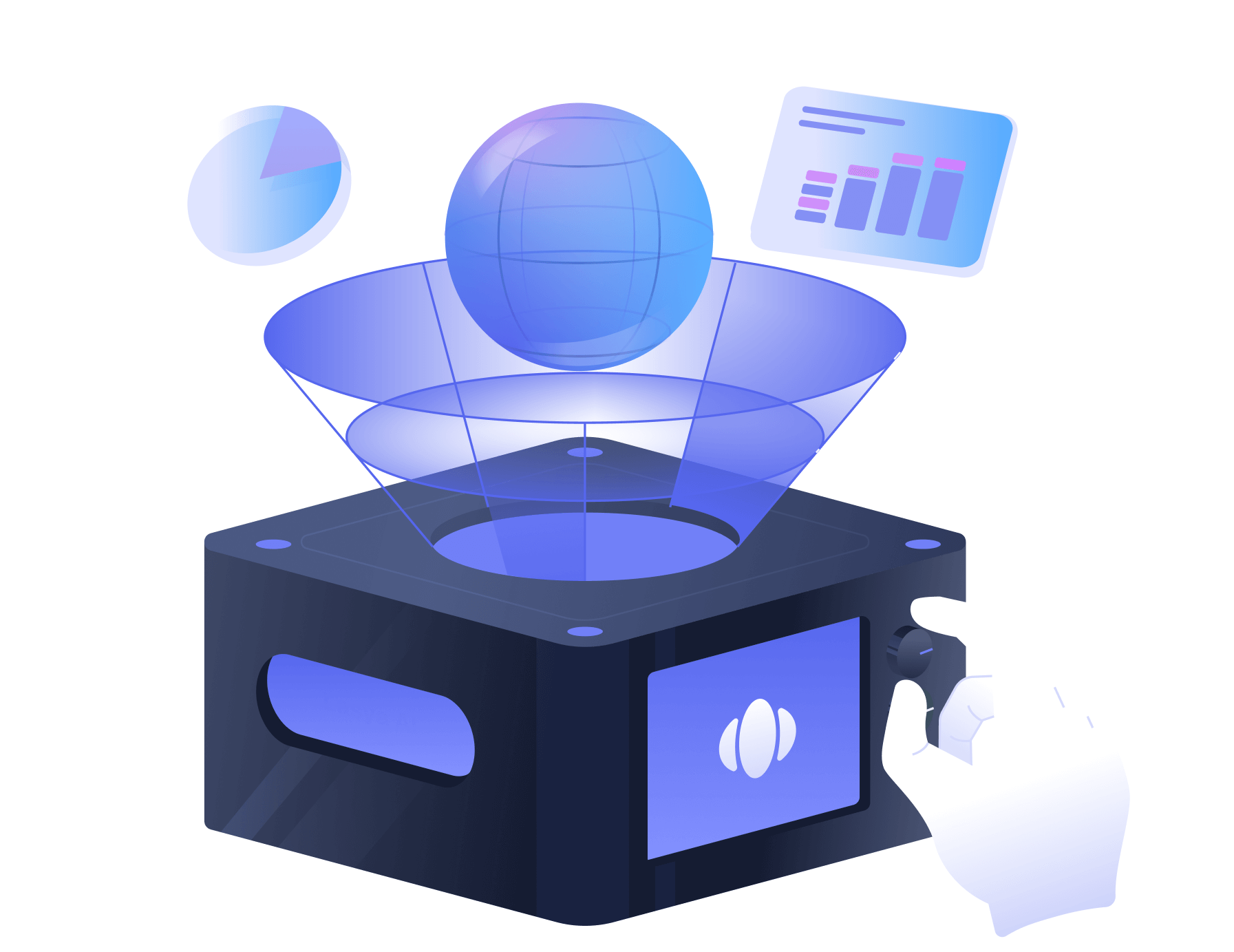Hand adjusting a knob on a black device projecting a holographic blue globe with pie and bar charts floating nearby.