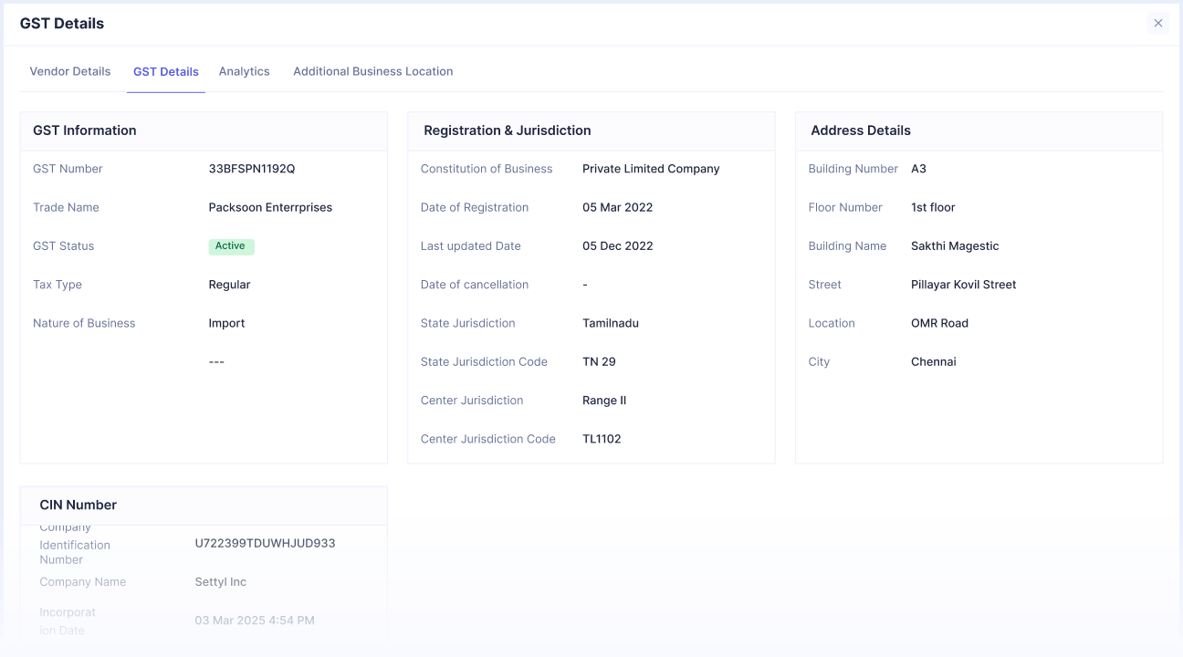 GST Details tab displaying GST information, registration and jurisdiction, and address details for Packsoon Enterprises, including GST number 33BFSPN1192Q, active GST status, private limited company registration, Tamilnadu jurisdiction, and Chennai address.