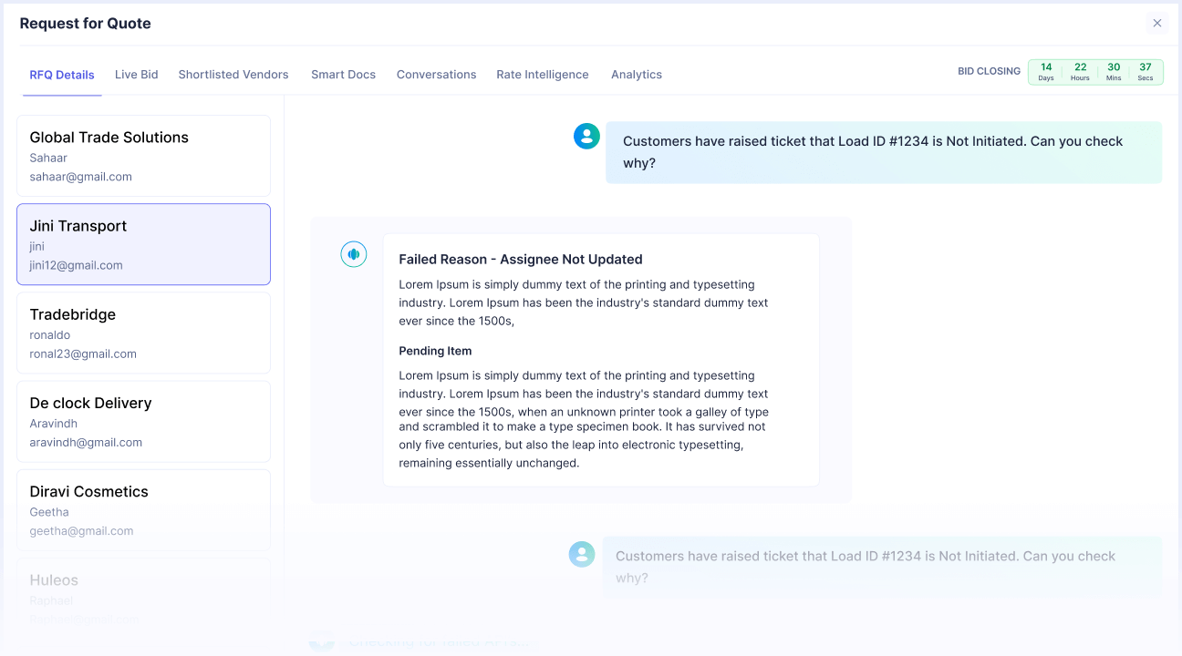 User interface showing a Request for Quote page with tabs and a vendor list on the left; a message states a customer ticket about Load ID #1234 not initiated, and a detailed response explains failed reason and pending item status.