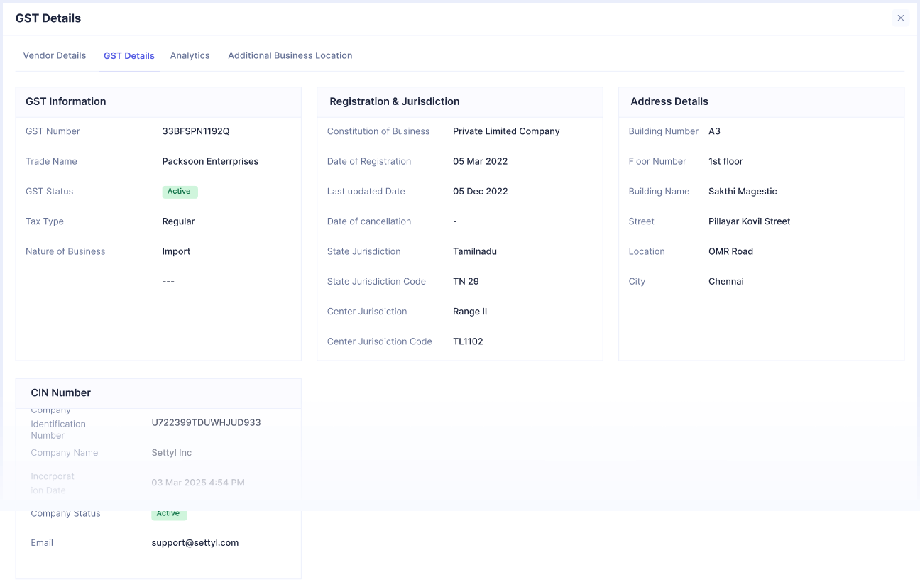 GST Details tab showing GST Information with number 33BFSPN1192Q, trade name Packsoon Enterrprises, status active, tax type regular, and import business; Registration & Jurisdiction including Private Limited Company, registration date 05 Mar 2022, last updated 05 Dec 2022, state Tamilnadu, state code TN 29, center Range II, and center code TL1102; Address Details with building A3, 1st floor, Sakthi Magestic building, Pillayar Kovil Street, OMR Road, Chennai; CIN number section showing company ID U722399TDUWHJUD933, company name Settyl Inc, incorporation date 03 Mar 2025, status active, and support email support@settyl.com.