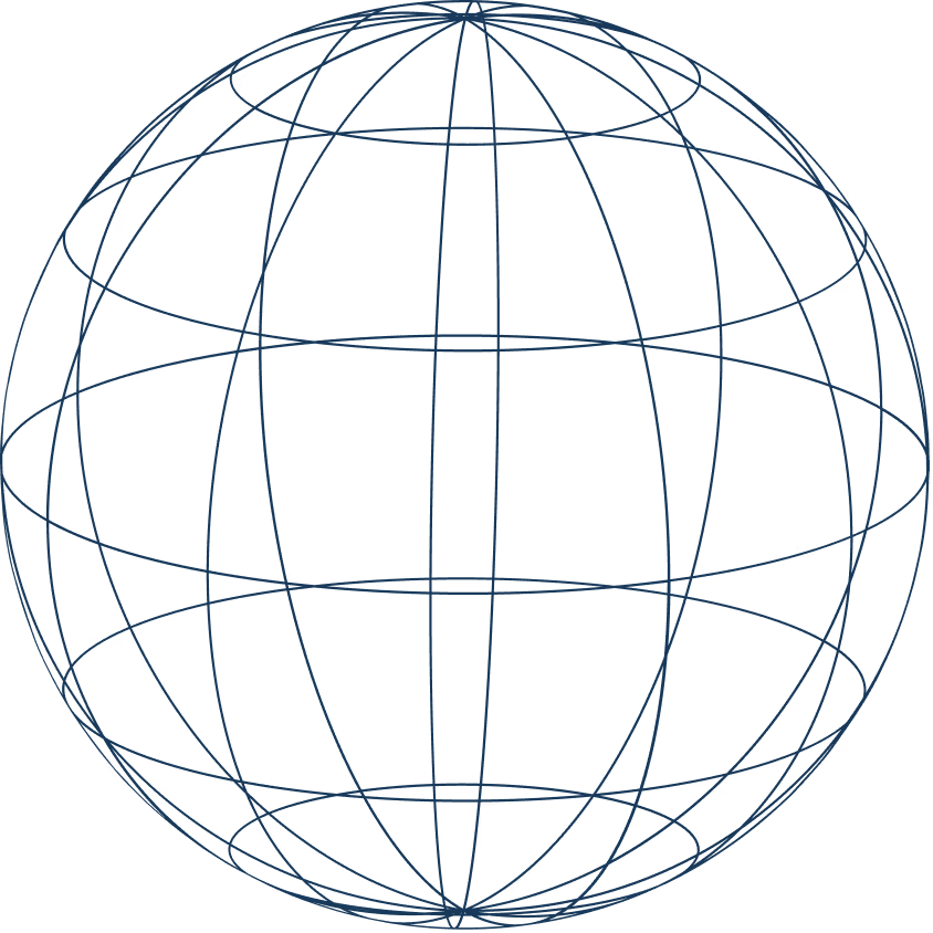 Wireframe globe composed of overlapping blue ellipses and circles on a transparent background.
