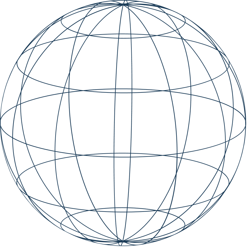 Wireframe globe composed of overlapping blue ellipses and circles on a transparent background.