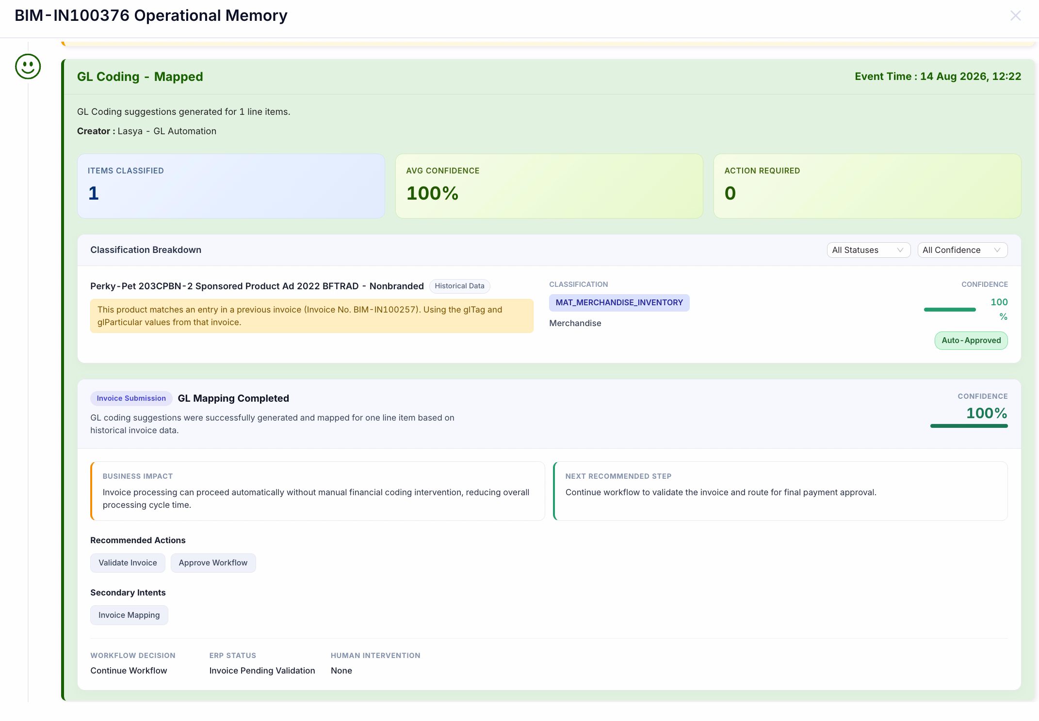 Lasya AI autonomous finance operations workflow from invoice intake and contract validation to GL coding, exception handling and approval