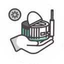 Linie-Art-Icon einer Hand, die einen Whirlpool mit Zahnrädern oder Bedienelementen hält.