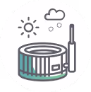 Kreisförmiges Icon mit einem Whirlpool, Sonne/Wolke darüber, symbolisiert Outdoor-Entspannung.