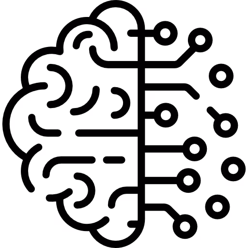 Schwarzes Icon eines Gehirns mit Schaltkreisen, halb organisch, halb digital (KI-Symbolik).