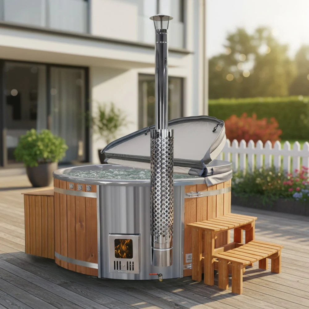 Outdoor wooden hot tub with metal stove and chimney, bubbling water, small wooden steps, and a partially open cover on a wooden deck.