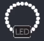 Circular arrangement of small white LED lights with a rectangular label reading LED at the bottom center.