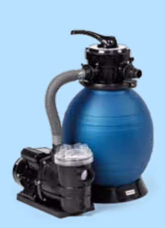 Blue pool filter tank with attached black pump and transparent strainer lid connected by a hose.