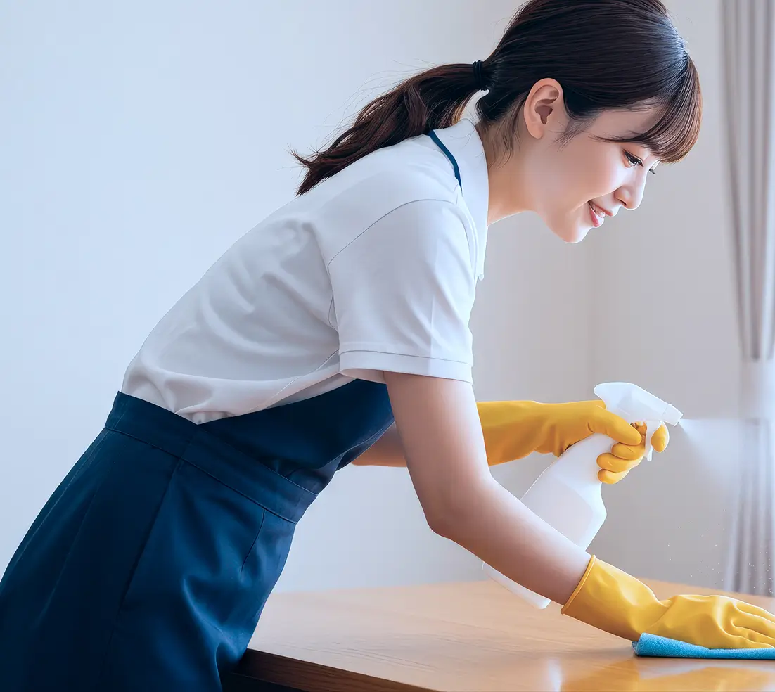 Professional Cleaning Lady Spraying And Wiping Down Furniture In Modern Apartment
