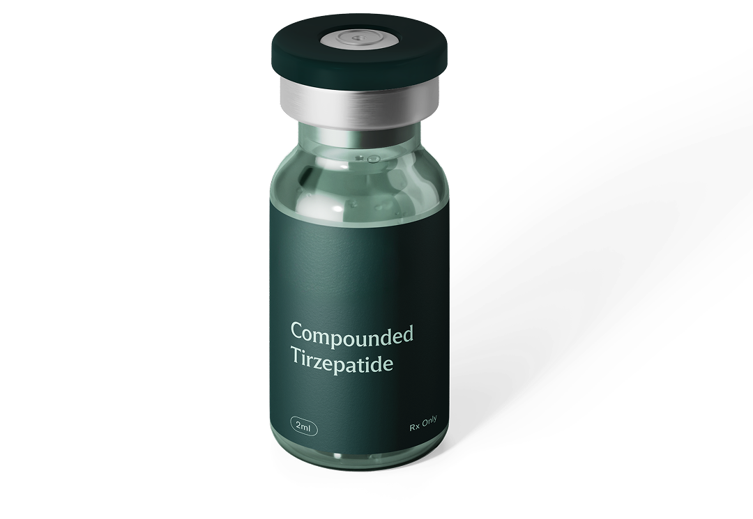 Dark green vial labeled Compounded Tirzepatide