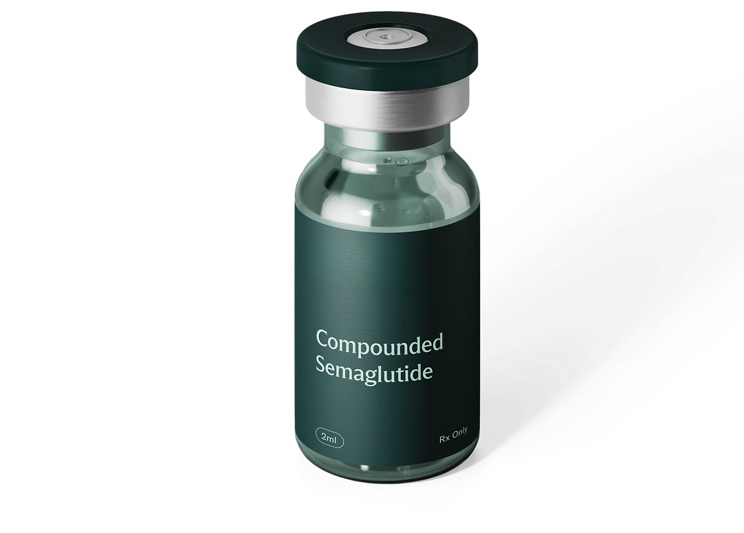 Dark green vial labeled Compounded Semaglutide