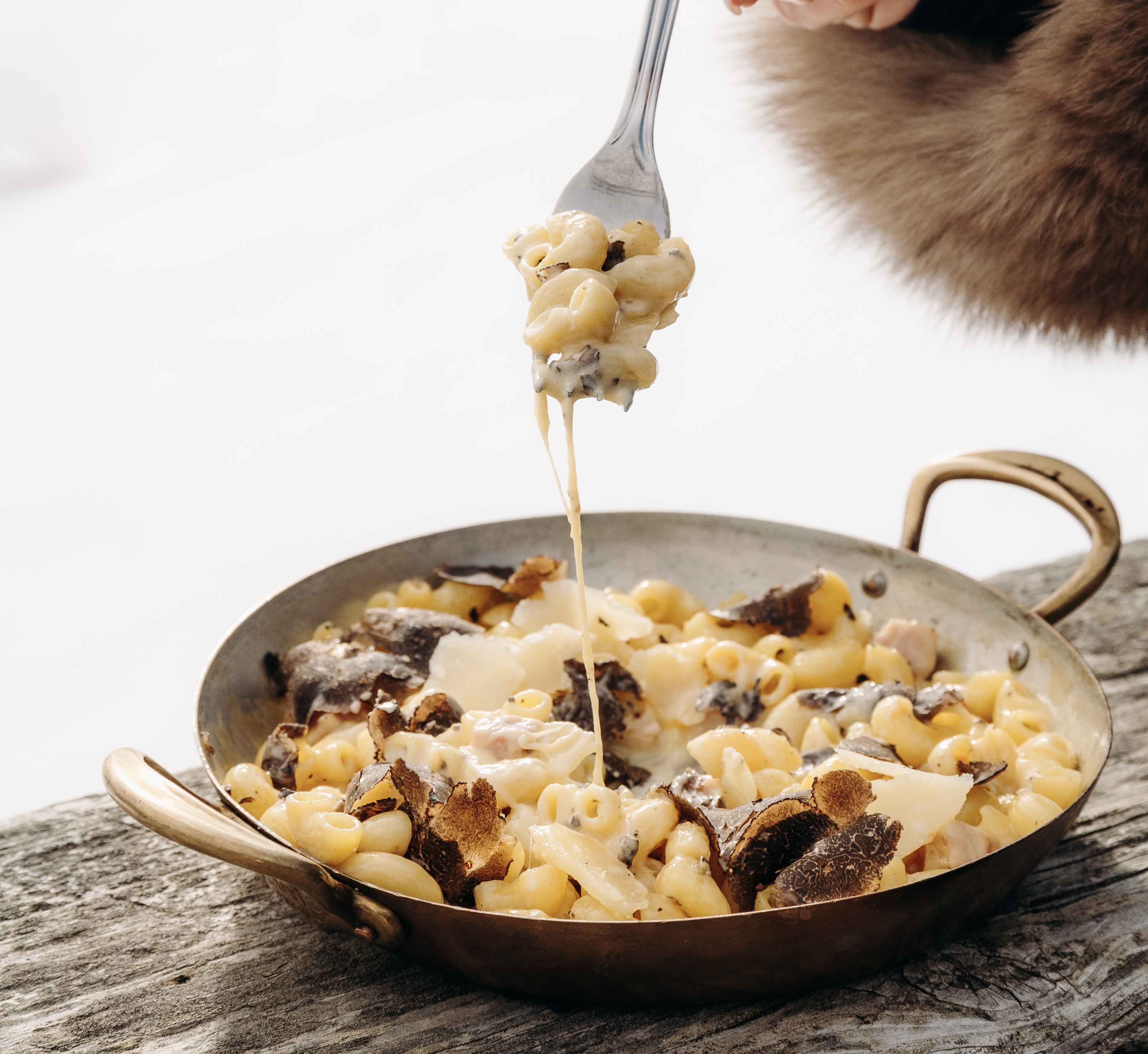 Coquillettes pasta, ham, Comté cheese, and black truffle by Eric Fréchon Chalet Sauvage restaurant in Megève