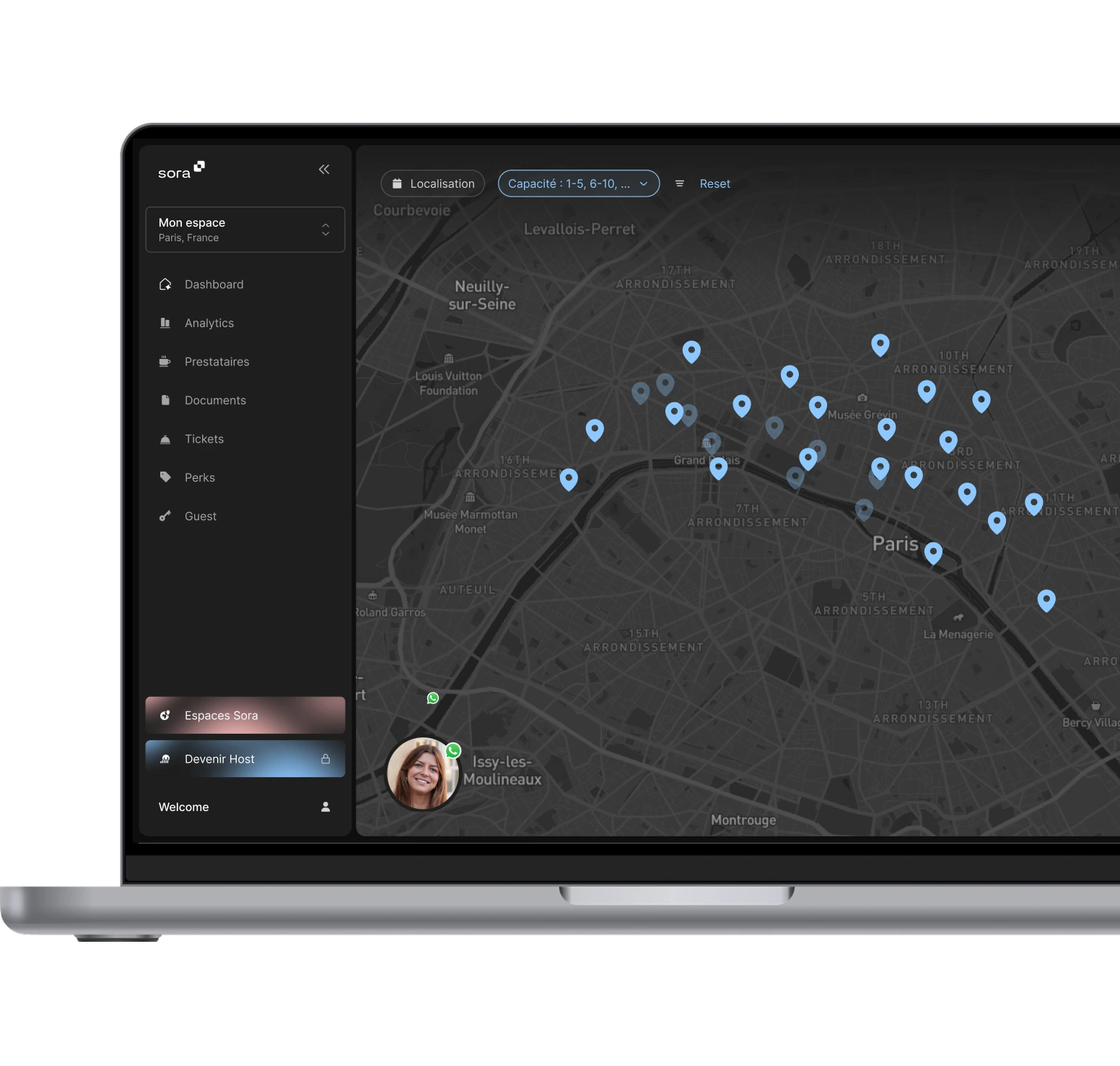 sora app showing a map of paris and all their offices available