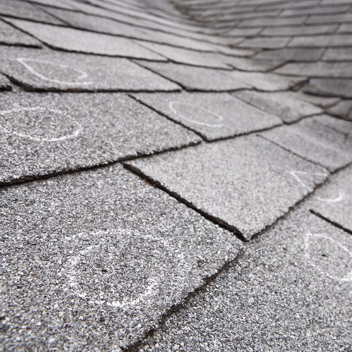 Asphalt shingle roof hail damage inspection closeup