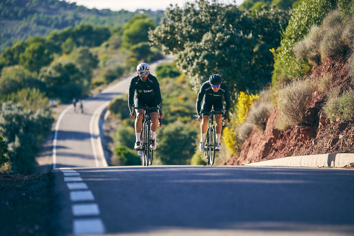 Two cyclists ride uphill on a sunny road flanked by greenery and shrubs. The scene conveys determination and the joy of outdoor cycling.