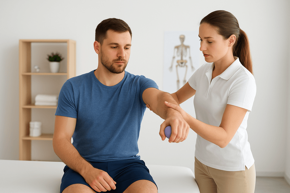 A woman in a white polo assists a man in a blue shirt with arm exercises using a ball. They are in a therapy room with a calm, focused atmosphere.