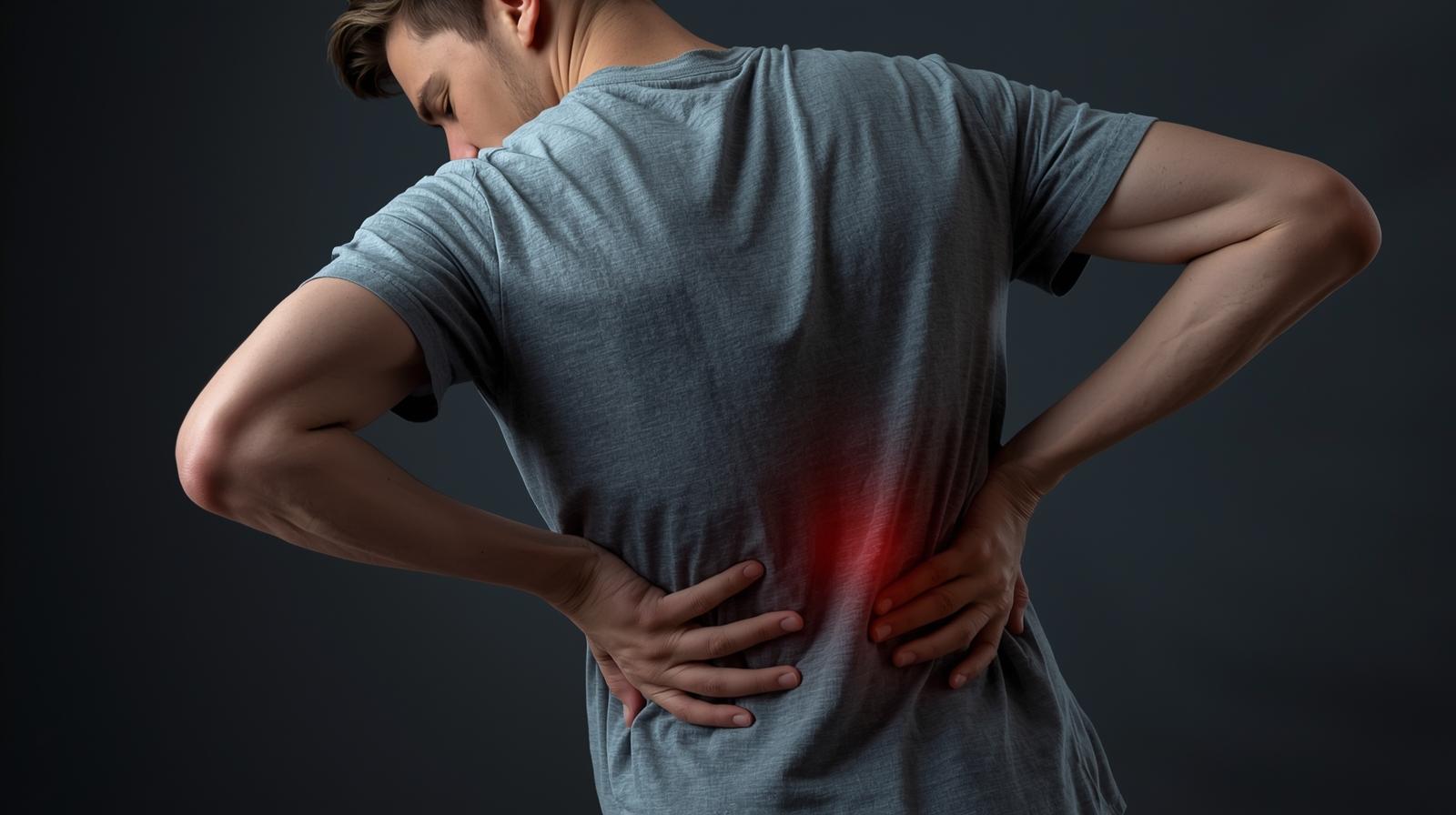 A man in a gray shirt, facing away, holds his lower back with both hands. A red glow highlights back pain, conveying discomfort against a dark background.